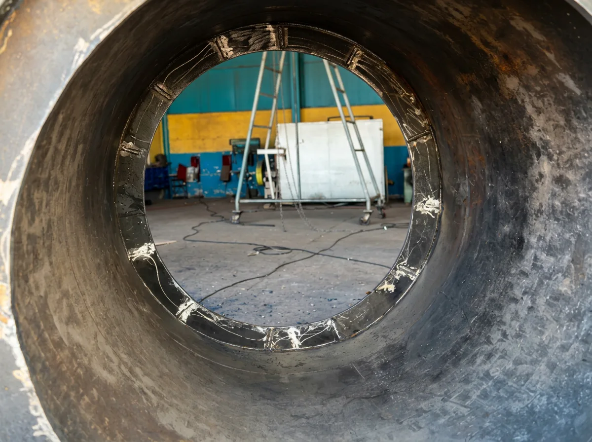 Interior de vaso metálico recuperado, com cordão de solda circunferencial visível
